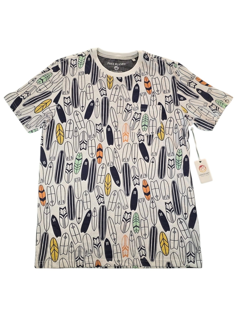 Free Planet Men's Medium T-Shirt White All-Over Surfboard Print Pocket Tee NEW
